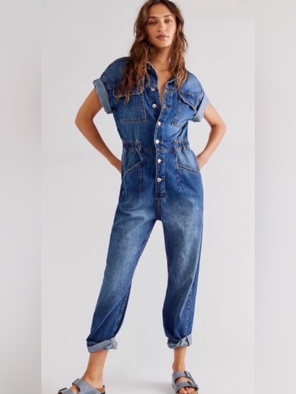 Free People Blue Denim Boyfriend Jumpsuit